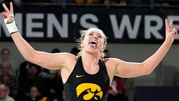 Iowa’s Kylie Welker celebrates winning the 180-pound National Collegiate Women’s Wrestling Championship Saturday, March 8, 2025 at Xtream Arena in Coralville, Iowa.