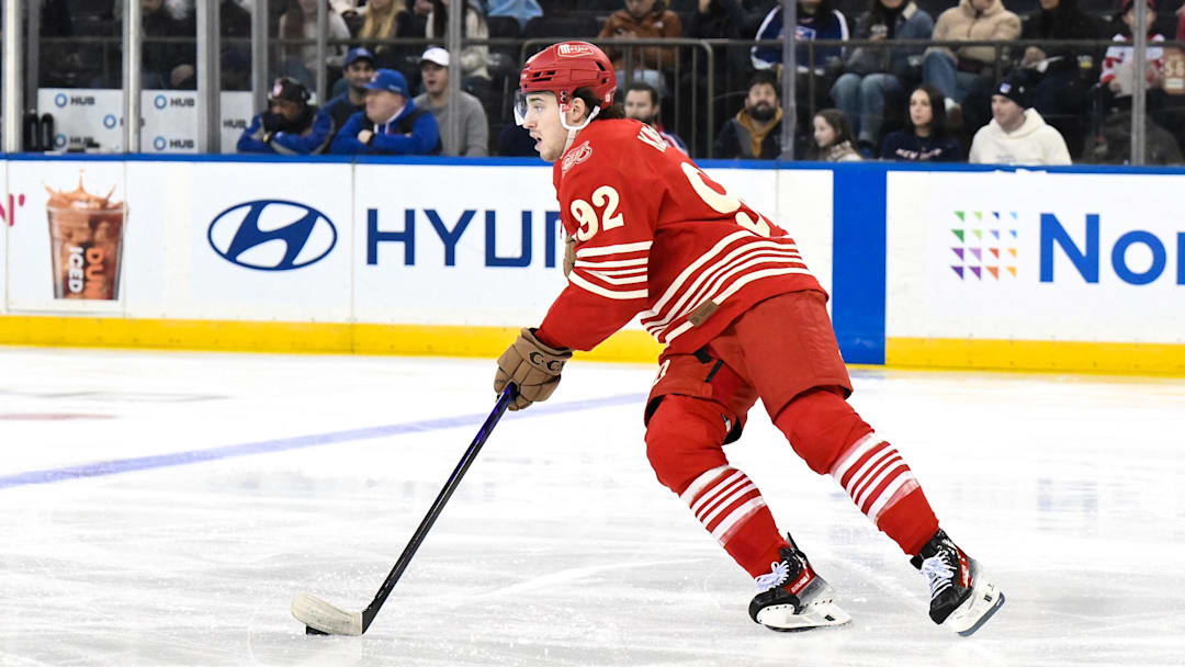 Nov 16, 2025; New York, New York, USA; Detroit Red Wings center Marco Kasper (92) skates with the puck against the New York Rangers during the first period at Madison Square Garden. Mandatory Credit: John Jones-Imagn Images