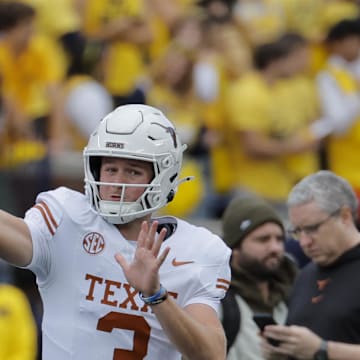 Sep 7, 2024; Ann Arbor, Michigan, USA; Texas Longhorns quarterback Quinn Ewers (3) warms up before the game against the Michigan Wolverines at Michigan Stadium. Mandatory Credit: Rick Osentoski-Imagn Images