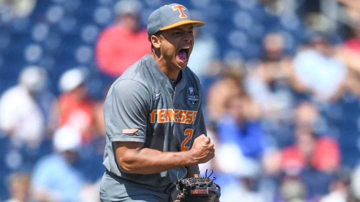 Tennessee pitcher Chase Burns (23) celebrates after ending the 7th inning with a strikeout against Stanford in the NCAA Baseball College World Series in Omaha, Nebraska, on Monday, June 19, 2023.