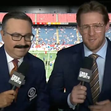 J.J. Watt and Ian Eagle dressed up for a CBS anniversary celebration. 