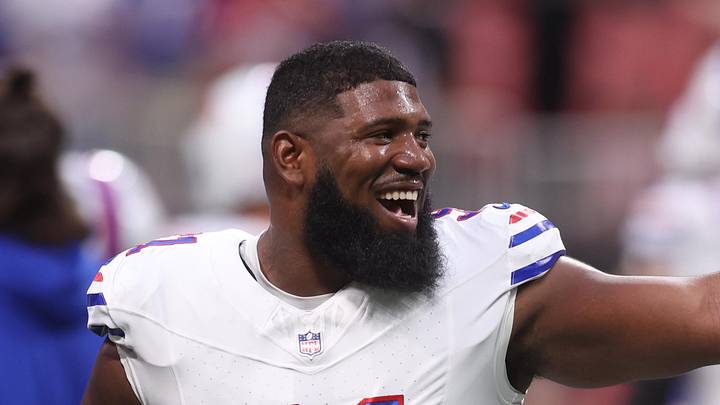 Oct 13, 2025; Atlanta, Georgia, USA; Buffalo Bills defensive tackle Ed Oliver (91) warms up prior to a game against the Atlanta Falcons at Mercedes-Benz Stadium. Mandatory Credit: Brett Davis-Imagn Images