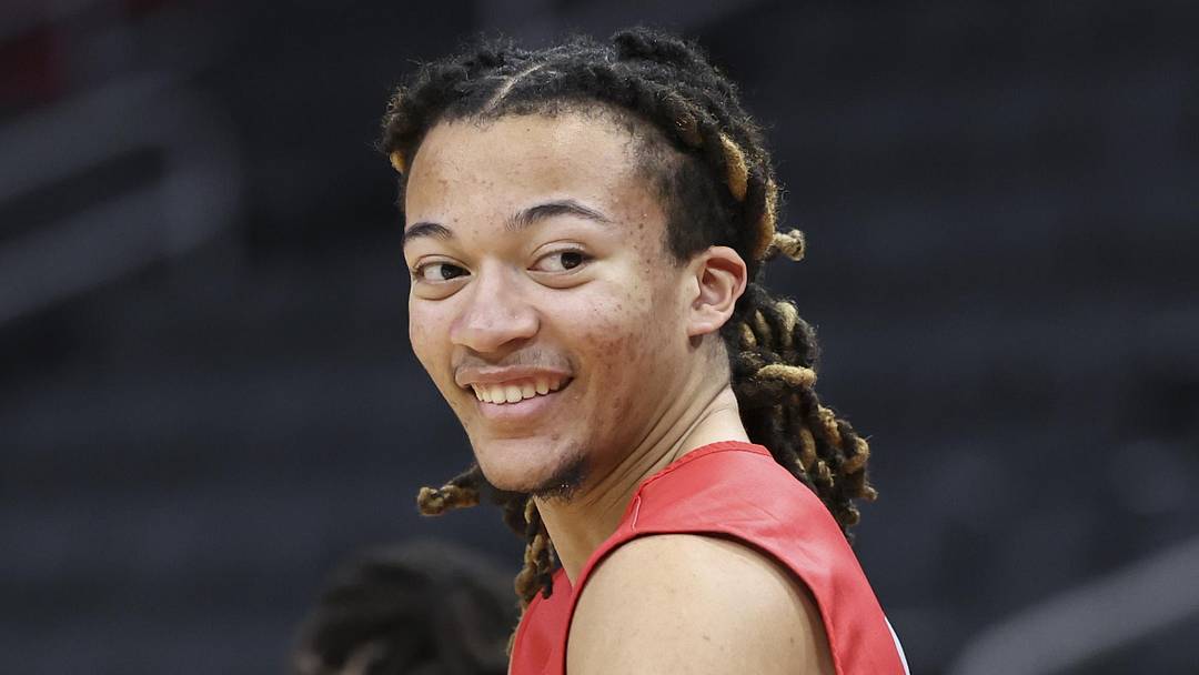 Mar 25, 2026; Houston, TX, USA; Houston Cougars guard Kingston Flemings (4) during a practice session ahead of the south regional of the men's 2026 NCAA Tournament at Toyota Center. Mandatory Credit: Troy Taormina-Imagn Images