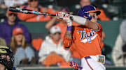 Clemson outfieler Cam Cannarella (10) bats against Wake Forest University graduate Matt Bedford (29) during the bottom of the first inning at Doug Kingsmore Stadium in Clemson, S.C. Friday, March 21, 2025.