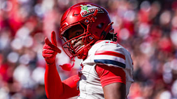 Oct 4, 2025; Tucson, Arizona, USA; Arizona Wildcats wide receiver Tre Spivey (12) celebrates after a play during the third quarter of the game against the Oklahoma State Cowboys at Arizona Stadium. Mandatory Credit: Aryanna Frank-Imagn Images