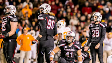 Former South Carolina football kicker Elliott Fry watches a field goal sail through the uprights against the Tennessee Volunteers