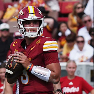 Iowa State Cyclones' quarterback Rocco Becht (3) looks for a pass against South Dakota during the second quarter in the home game opening at Jack Trice Stadium on August 30, 2025, in Ames, Iowa