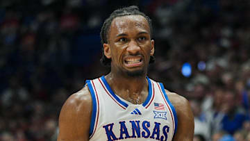 Nov 3, 2025; Lawrence, Kansas, USA; Kansas Jayhawks guard Darryn Peterson (22) reacts during the second half against the Green Bay Phoenix at Allen Fieldhouse. Mandatory Credit: Jay Biggerstaff-Imagn Images