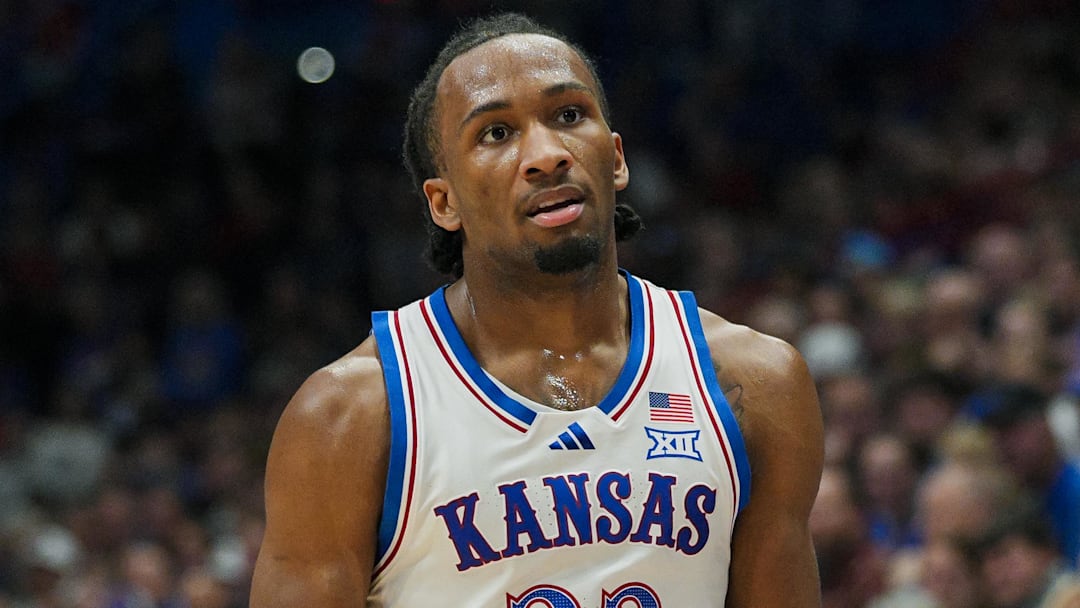 Nov 3, 2025; Lawrence, Kansas, USA; Kansas Jayhawks guard Darryn Peterson (22) reacts during the second half against the Green Bay Phoenix at Allen Fieldhouse. Mandatory Credit: Jay Biggerstaff-Imagn Images