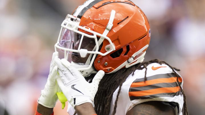 Aug 17, 2024; Cleveland, Ohio, USA; Cleveland Browns running back D'Onta Foreman (27) blows a kiss to fans as he celebrates his touchdown against the Minnesota Vikings defense during the first quarter at Cleveland Browns Stadium. Mandatory Credit: Scott Galvin-USA TODAY Sports