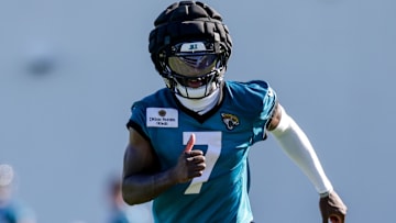 Jul 24, 2025; Jacksonville, FL, USA; Jacksonville Jaguars wide receiver Brian Thomas Jr. (7) participates in training camp at Miller Electric Center. Mandatory Credit: Nathan Ray Seebeck-Imagn Images