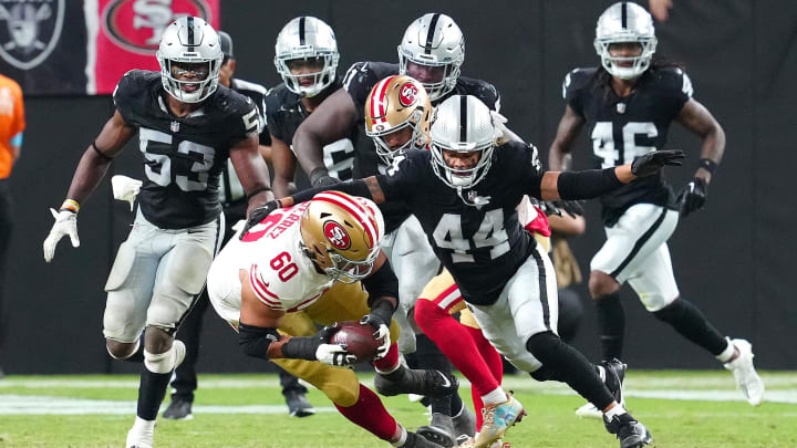 Aug 23, 2024; Paradise, Nevada, USA; San Francisco 49ers offensive tackle Sebastian Gutierrez (60) recovers a fumbled ball during the final second of game against the Las Vegas Raiders at Allegiant Stadium. Mandatory Credit: Stephen R. Sylvanie-USA TODAY Sports