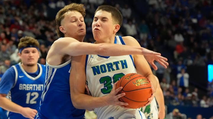 North Laurel’s Reece Davidson drives against Breathitt County’s Austin Sperry.