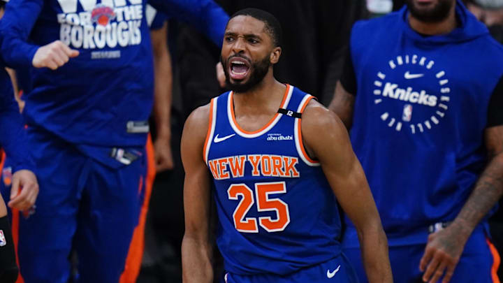 May 5, 2025; Boston, Massachusetts, USA; New York Knicks forward Mikal Bridges (25) reacts after stripping the ball from Boston Celtics guard Jaylen Brown (7) (not pictured) winning the game in overtime during game one of the second round for the 2025 NBA Playoffs at TD Garden. Mandatory Credit: David Butler II-Imagn Images