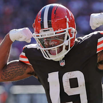 Cleveland Browns wide receiver Cedric Tillman (19) celebrates his touchdown with wide receiver Elijah Moore (8) during the second half of an NFL football game at Huntington Bank Field, Sunday, Oct. 27, 2024, in Cleveland, Ohio.