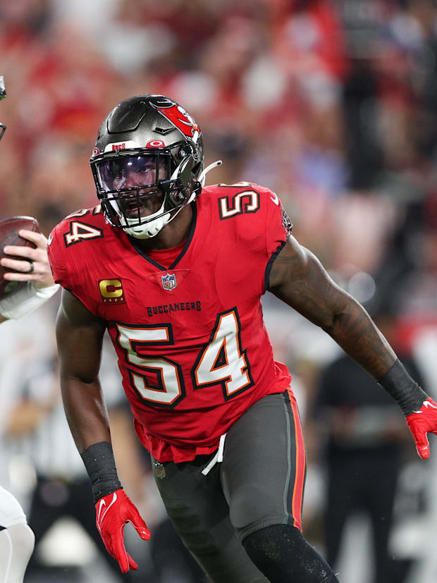 Tampa Bay Buccaneers linebacker Lavonte David reacts after sacking New Orleans Saints quarterback Andy Dalton.