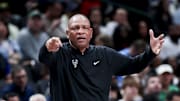 Mar 1, 2025; Dallas, Texas, USA;  Milwaukee Bucks head coach Doc Rivers reacts against the Dallas Mavericks during the second half at American Airlines Center. Mandatory Credit: Kevin Jairaj-Imagn Images