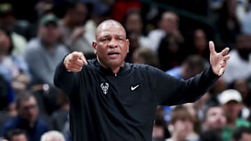 Mar 1, 2025; Dallas, Texas, USA;  Milwaukee Bucks head coach Doc Rivers reacts against the Dallas Mavericks during the second half at American Airlines Center. Mandatory Credit: Kevin Jairaj-Imagn Images