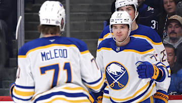 Mar 23, 2025; Winnipeg, Manitoba, CAN; Buffalo Sabres right wing JJ Peterka (77) celebrates after his goal against the Winnipeg Jets in the first period at Canada Life Centre. Mandatory Credit: James Carey Lauder-Imagn Images
