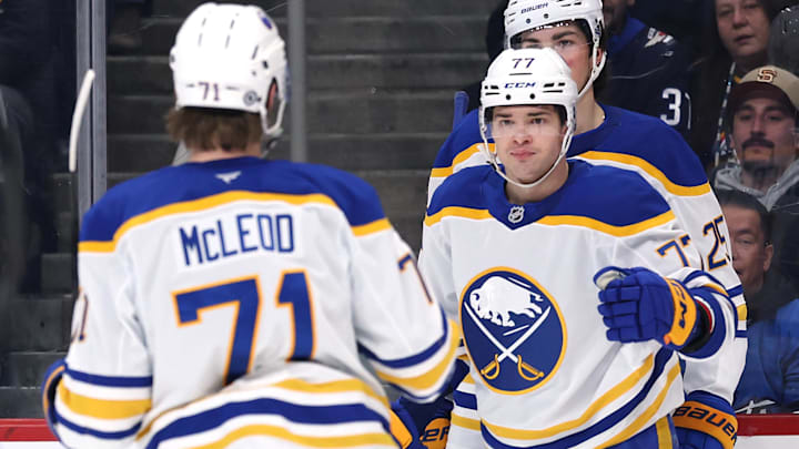 Mar 23, 2025; Winnipeg, Manitoba, CAN; Buffalo Sabres right wing JJ Peterka (77) celebrates after his goal against the Winnipeg Jets in the first period at Canada Life Centre. Mandatory Credit: James Carey Lauder-Imagn Images
