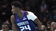 Nov 28, 2025; Charlotte, North Carolina, USA; Charlotte Hornets forward Brandon Miller (24) reacts after scoring during the second half against the Chicago Bulls at the Spectrum Center. Mandatory Credit: Sam Sharpe-Imagn Images