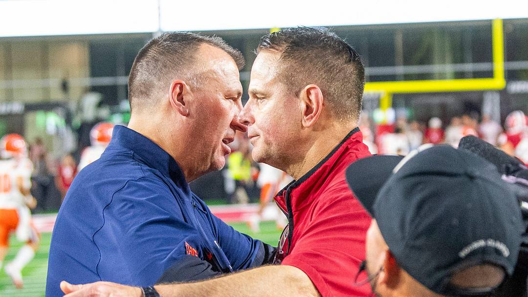 Illinois' Head Coach Bret Bielema and Indiana Head Coach Curt Cignetti meet after the game during the Indiana versus Illinois football game at Memorial Stadium on Saturday, Sept. 20, 2025