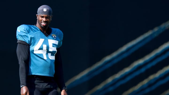 Aug 17, 2020; Jacksonville, Florida, USA; Jacksonville Jaguars linebacker K'Lavon Chaisson (45) looks on during training camp at Dream Finders Homes Practice Complex. 