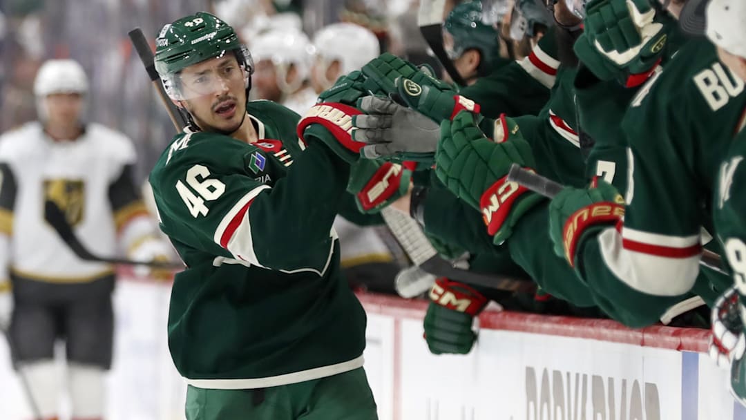 Apr 26, 2025; Saint Paul, Minnesota, USA; Minnesota Wild right wing Mats Zuccarello (36) celebrates his goal with teammates during the third period in game four of the first round of the 2025 Stanley Cup Playoffs at Xcel Energy Center. Mandatory Credit: Bruce Fedyck-Imagn Images