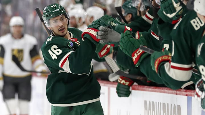 Apr 26, 2025; Saint Paul, Minnesota, USA; Minnesota Wild right wing Mats Zuccarello (36) celebrates his goal with teammates during the third period in game four of the first round of the 2025 Stanley Cup Playoffs at Xcel Energy Center. Mandatory Credit: Bruce Fedyck-Imagn Images
