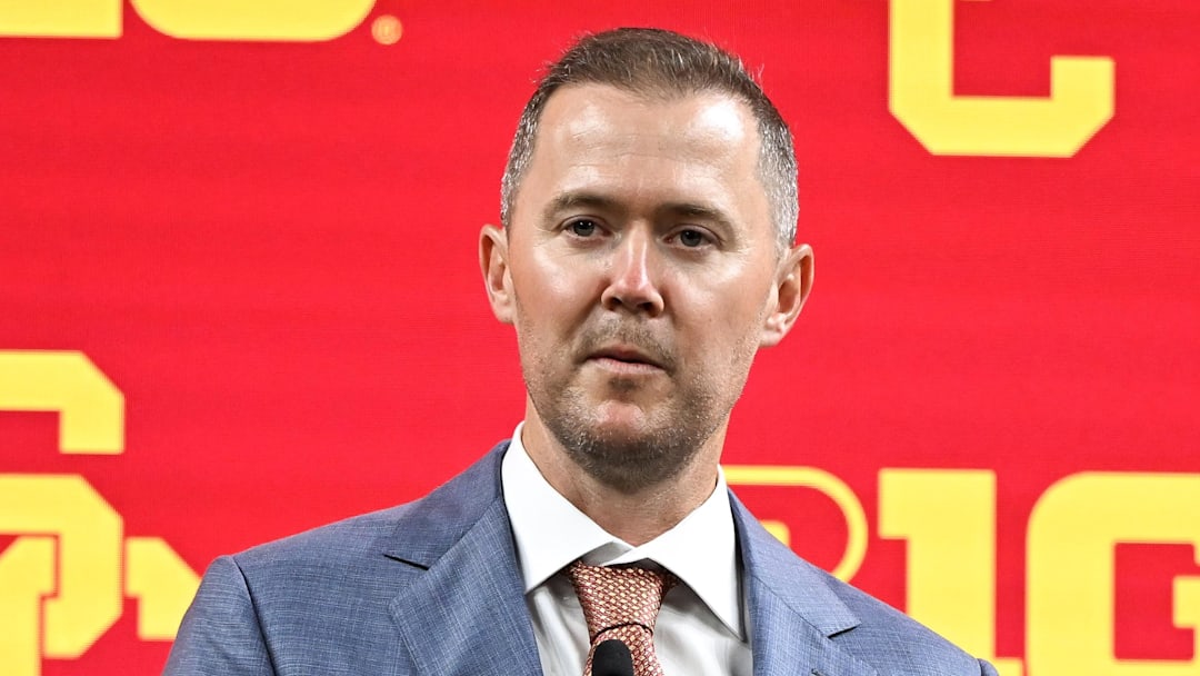 Jul 24, 2024; Indianapolis, IN, USA;  USC Trojans head coach Lincoln Riley speaks to the media during the Big 10 football media day at Lucas Oil Stadium. Mandatory Credit: Robert Goddin-Imagn Images