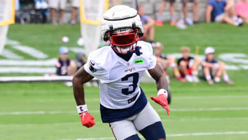 Jul 24, 2024; Foxborough, MA, USA; New England Patriots wide receiver DeMario Douglas (3) runs through a drill during training camp at Gillette Stadium. Mandatory Credit: Eric Canha-USA TODAY Sports
