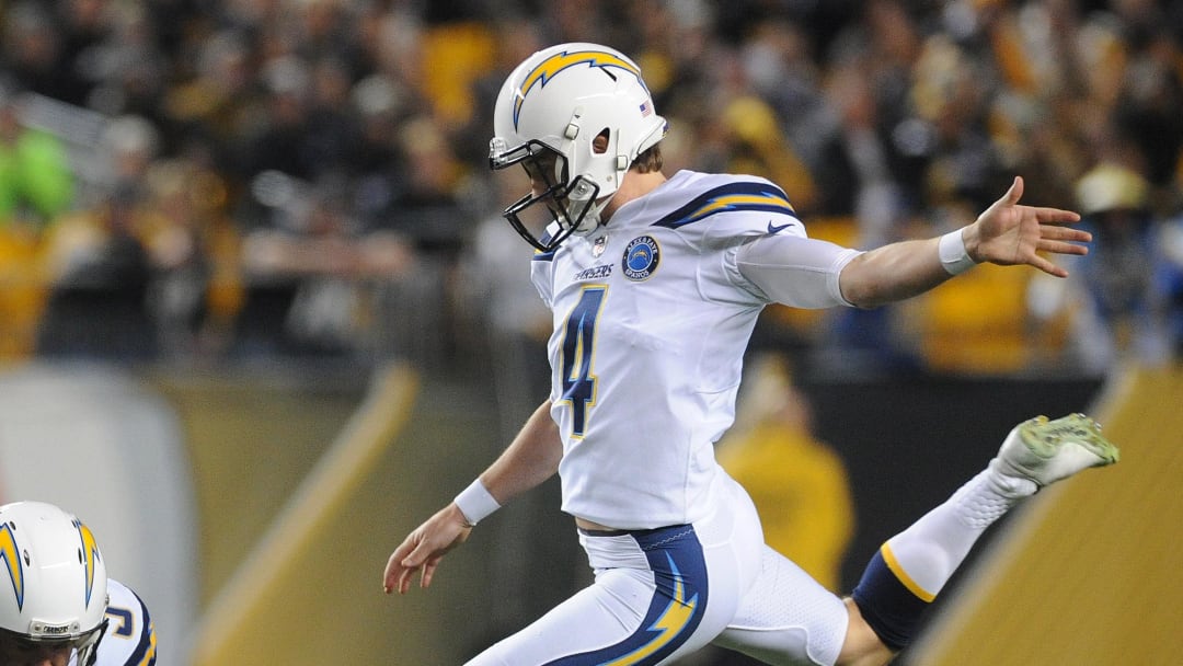 Dec 2, 2018; Pittsburgh, PA, USA; Los Angeles Chargers kicker Michael Badgley (4) misses a first quarter field goal against the Pittsburgh Steelers at Heinz Field.  Mandatory Credit: Philip G. Pavely-USA TODAY Sports