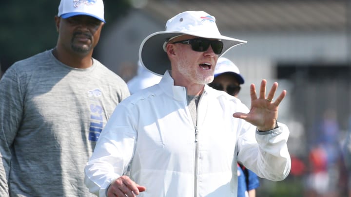 Buffalo head coach Sean McDermott adjusts a play during drills on the opening day of Buffalo Bills training camp.