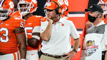 Sep 4, 2021; Charlotte, North Carolina, USA; Clemson Tigers head coach Dabo Swinney on the sideline during the second half against the Georgia Bulldogs at Bank of America Stadium.