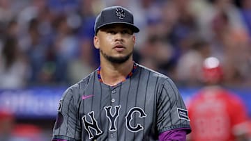 Jul 22, 2025; New York City, New York, USA; New York Mets starting pitcher Frankie Montas (47) reacts during the fifth inning against the Los Angeles Angels at Citi Field. Mandatory Credit: Brad Penner-Imagn Images