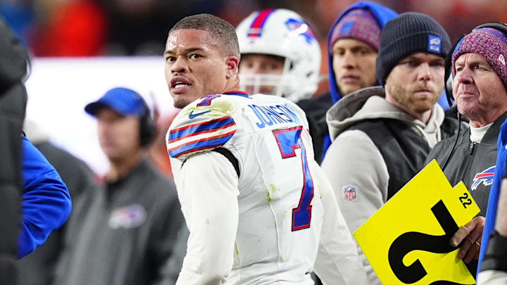Jan 17, 2026; Denver, CO, USA; Buffalo Bills cornerback Taron Johnson (7) reacts after a play during overtime of an AFC Divisional Round playoff game against the Denver Broncos at Empower Field at Mile High. Mandatory Credit: Ron Chenoy-Imagn Images