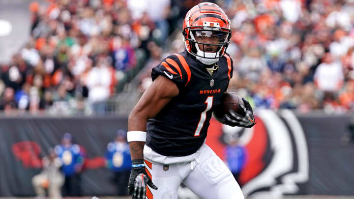 Cincinnati Bengals wide receiver Ja'Marr Chase (1) turns downfield after completing a catch in the first quarter during an NFL football game between the Seattle Seahawks and the Cincinnati Bengals Sunday, Oct. 15, 2023, at Paycor Stadium in Cincinnati.