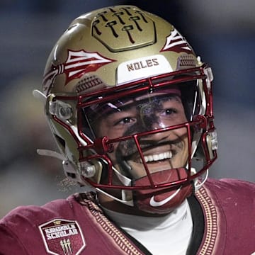 Nov 1, 2025; Tallahassee, Florida, USA; Florida State Seminoles quarterback Tommy Castellanos (1) celebrates a touchdown during the second half against the Wake Forest Demon Deacons at Doak S. Campbell Stadium. Mandatory Credit: Melina Myers-Imagn Images