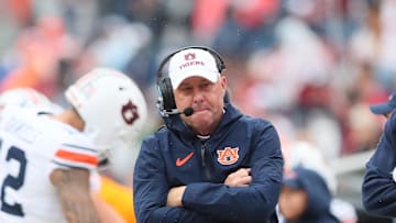 Oct 25, 2025; Fayetteville, Arkansas, USA; Auburn Tigers head coach Hugh Freeze during the first quarter against the Arkansas Razorbacks during the first quarter at Donald W. Reynolds Razorback Stadium. Mandatory Credit: Nelson Chenault-Imagn Images