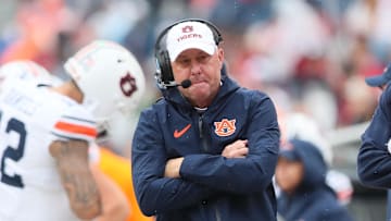 Oct 25, 2025; Fayetteville, Arkansas, USA; Auburn Tigers head coach Hugh Freeze during the first quarter against the Arkansas Razorbacks during the first quarter at Donald W. Reynolds Razorback Stadium. Mandatory Credit: Nelson Chenault-Imagn Images