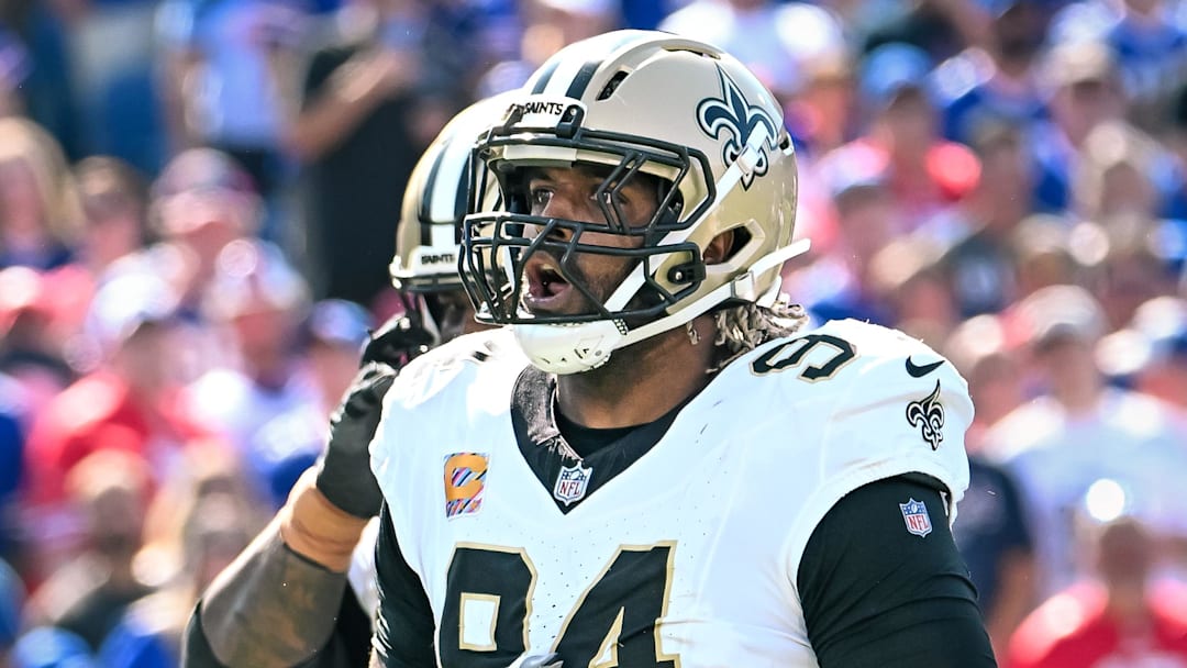 Sep 28, 2025; Orchard Park, New York, USA; New Orleans Saints defensive end Cameron Jordan (94) celebrates a sack against the Buffalo Bills in the second quarter at Highmark Stadium. Mandatory Credit: Mark Konezny-Imagn Images