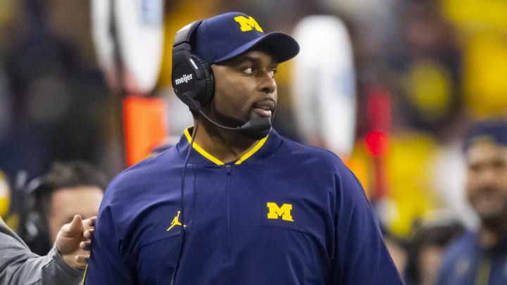 Dec 4, 2021; Indianapolis, IN, USA; Michigan Wolverines offensive line coach Sherrone Moore against the Iowa Hawkeyes in the Big Ten Conference championship game at Lucas Oil Stadium. Mandatory Credit: Mark J. Rebilas-USA TODAY Sports