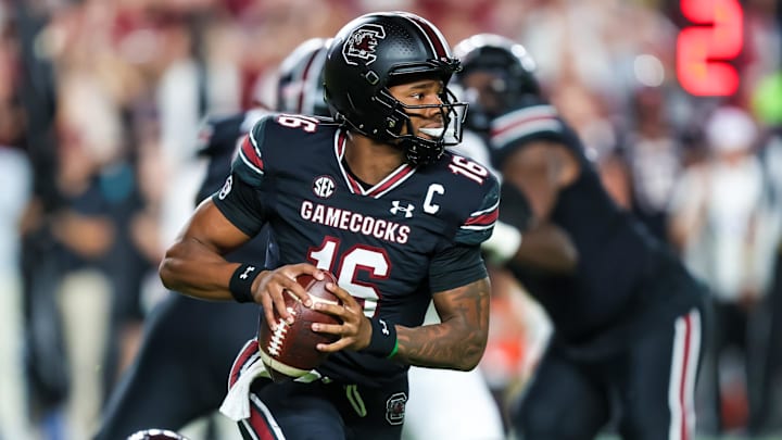 Nov 2, 2024; Columbia, South Carolina, USA; South Carolina Gamecocks quarterback LaNorris Sellers (16) scrambles against the Texas A&M Aggies in the first quarter at Williams-Brice Stadium. Mandatory Credit: Jeff Blake-Imagn Images
