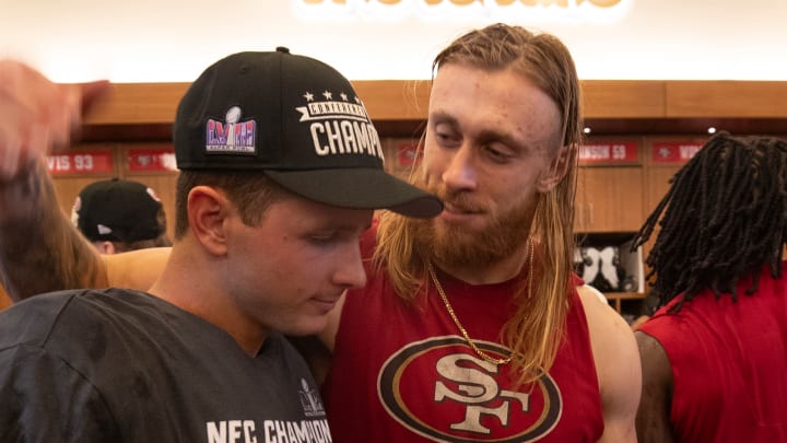 San Francisco 49ers quarterback Brock Purdy (L) and tight end George Kittle (R)