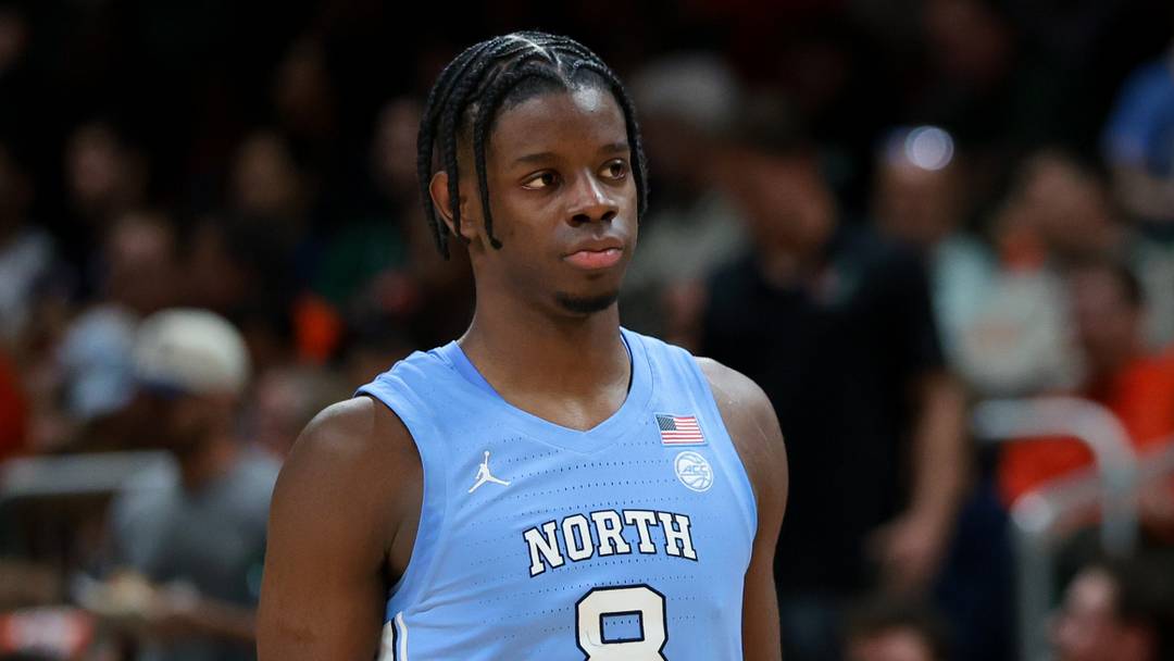 Feb 10, 2026; Coral Gables, Florida, USA; North Carolina Tar Heels forward Caleb Wilson (8) looks on against the Miami Hurricanes during the first half at Watsco Center. Mandatory Credit: Sam Navarro-Imagn Images