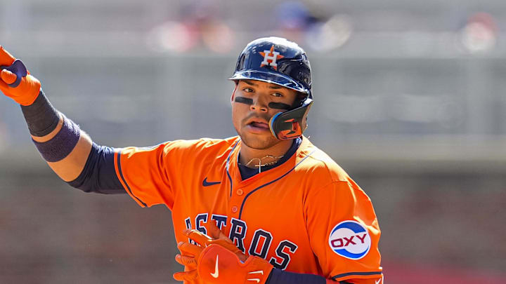 Sep 14, 2025; Cumberland, Georgia, USA; Houston Astros right fielder Cam Smith (11) reacts after hitting a home run against the Atlanta Braves during the sixth inning at Truist Park. Mandatory Credit: Dale Zanine-Imagn Images