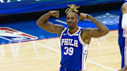 Jun 8, 2021; Philadelphia, Pennsylvania, USA; Philadelphia 76ers center Dwight Howard (39) reacts after scoring against the Atlanta Hawks during the fourth quarter in game two of the second round of the 2021 NBA Playoffs at Wells Fargo Center. Mandatory Credit: Bill Streicher-Imagn Images