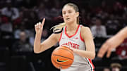 Feb 14, 2024; Columbus, Ohio, USA; Ohio State Buckeyes guard Jacy Sheldon (4) dribbles up court during the first half of the NCAA women’s basketball game against the Nebraska Cornhuskers at Value City Arena.
