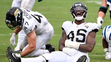 Sep 13, 2020; Jacksonville, Florida, USA; Jacksonville Jaguars linebacker K'Lavon Chaisson (45) reacts during the fourth quarter against the Indianapolis Colts at TIAA Bank Field. 