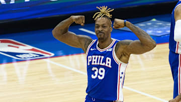 Jun 8, 2021; Philadelphia, Pennsylvania, USA; Philadelphia 76ers center Dwight Howard (39) reacts after scoring against the Atlanta Hawks during the fourth quarter in game two of the second round of the 2021 NBA Playoffs at Wells Fargo Center. Mandatory Credit: Bill Streicher-Imagn Images